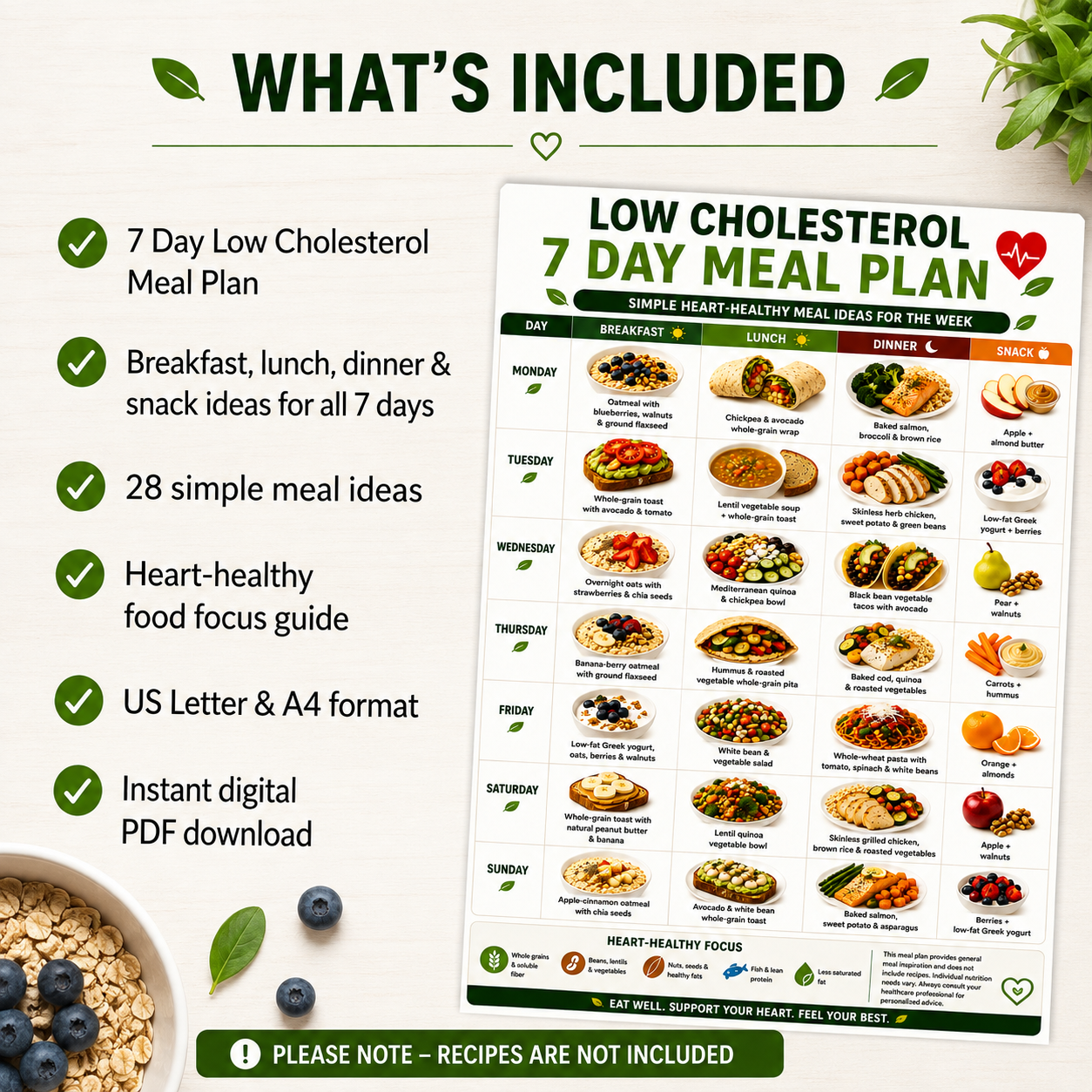 Cholesterol Lowering Meal Plan, Low Cholesterol Meal Plan Printable, 7 Day Heart Healthy Diet Plan, Meal Plan to Lower Cholesterol PDF