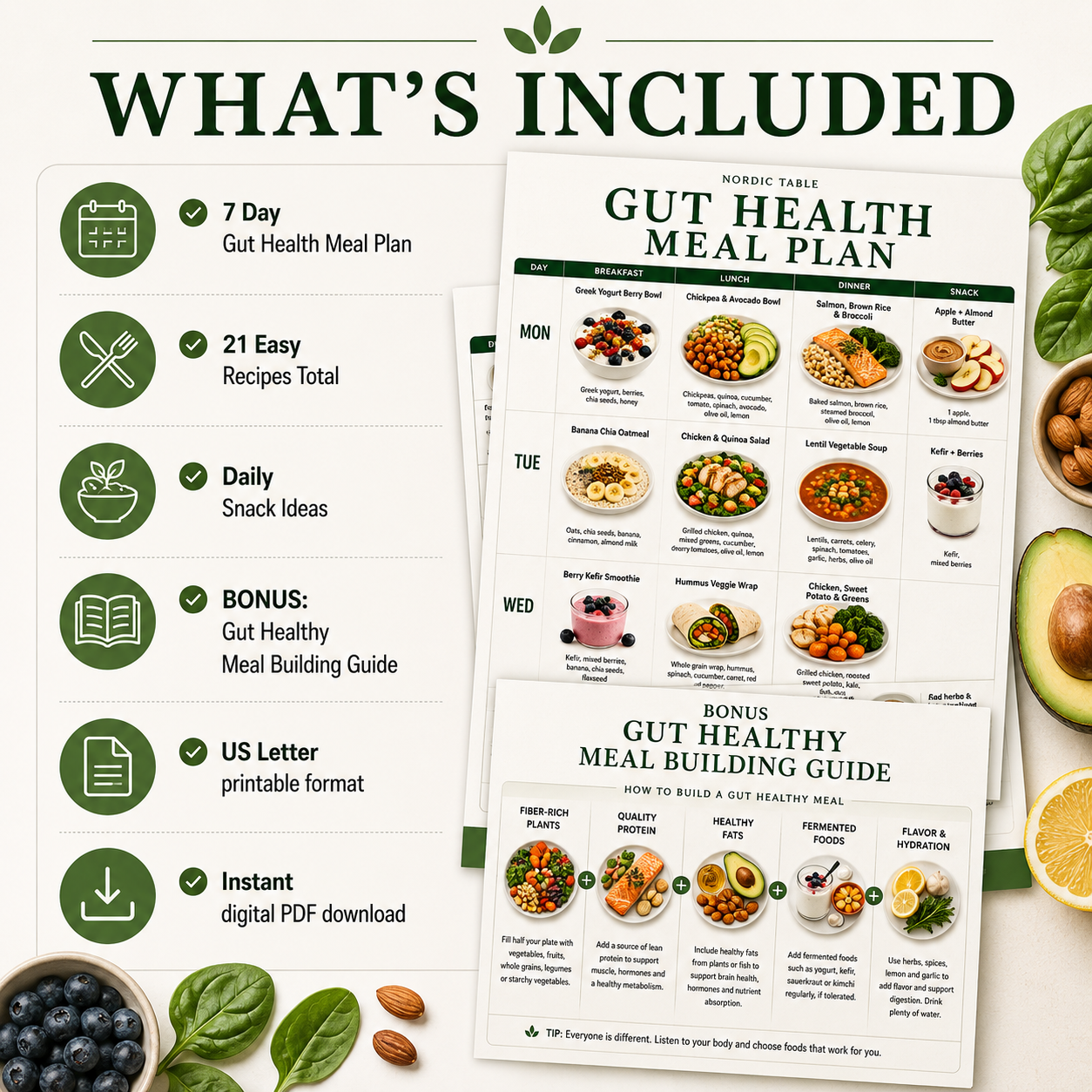 Gut Health Diet Plan, 7 Day Gut Health Meal Plan, 21 Easy Recipes, Gut Healthy Foods, Breakfast Lunch Dinner Recipes