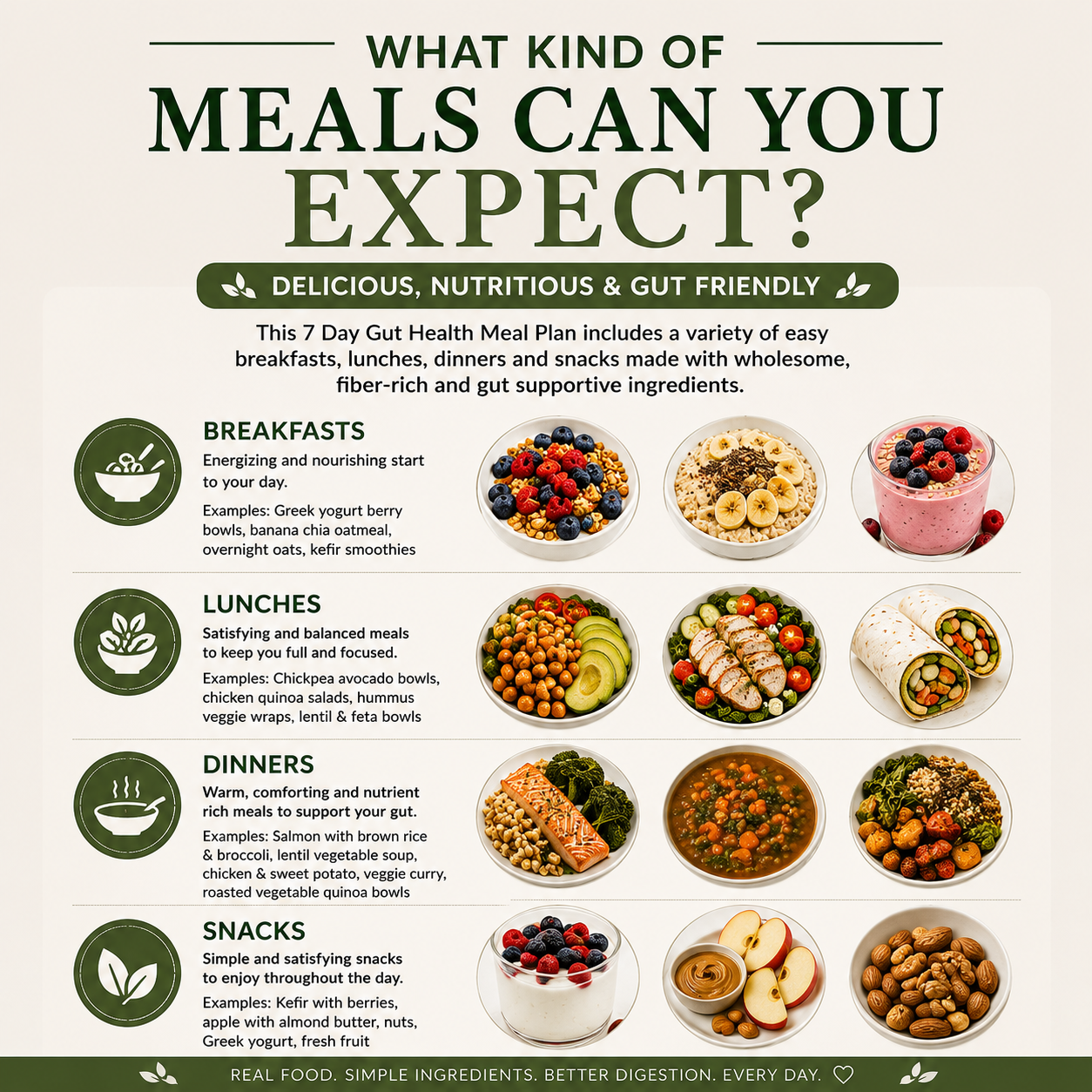 Gut Health Diet Plan, 7 Day Gut Health Meal Plan, 21 Easy Recipes, Gut Healthy Foods, Breakfast Lunch Dinner Recipes