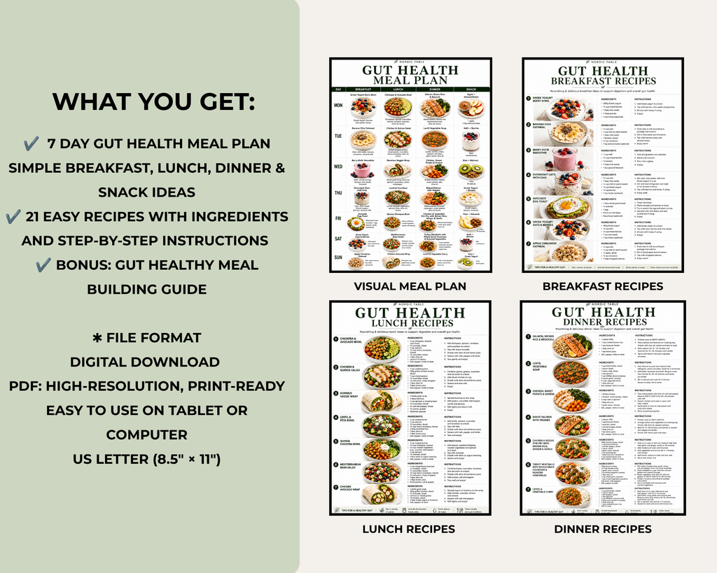 Gut Health Diet Plan, 7 Day Gut Health Meal Plan, 21 Easy Recipes, Gut Healthy Foods, Breakfast Lunch Dinner Recipes