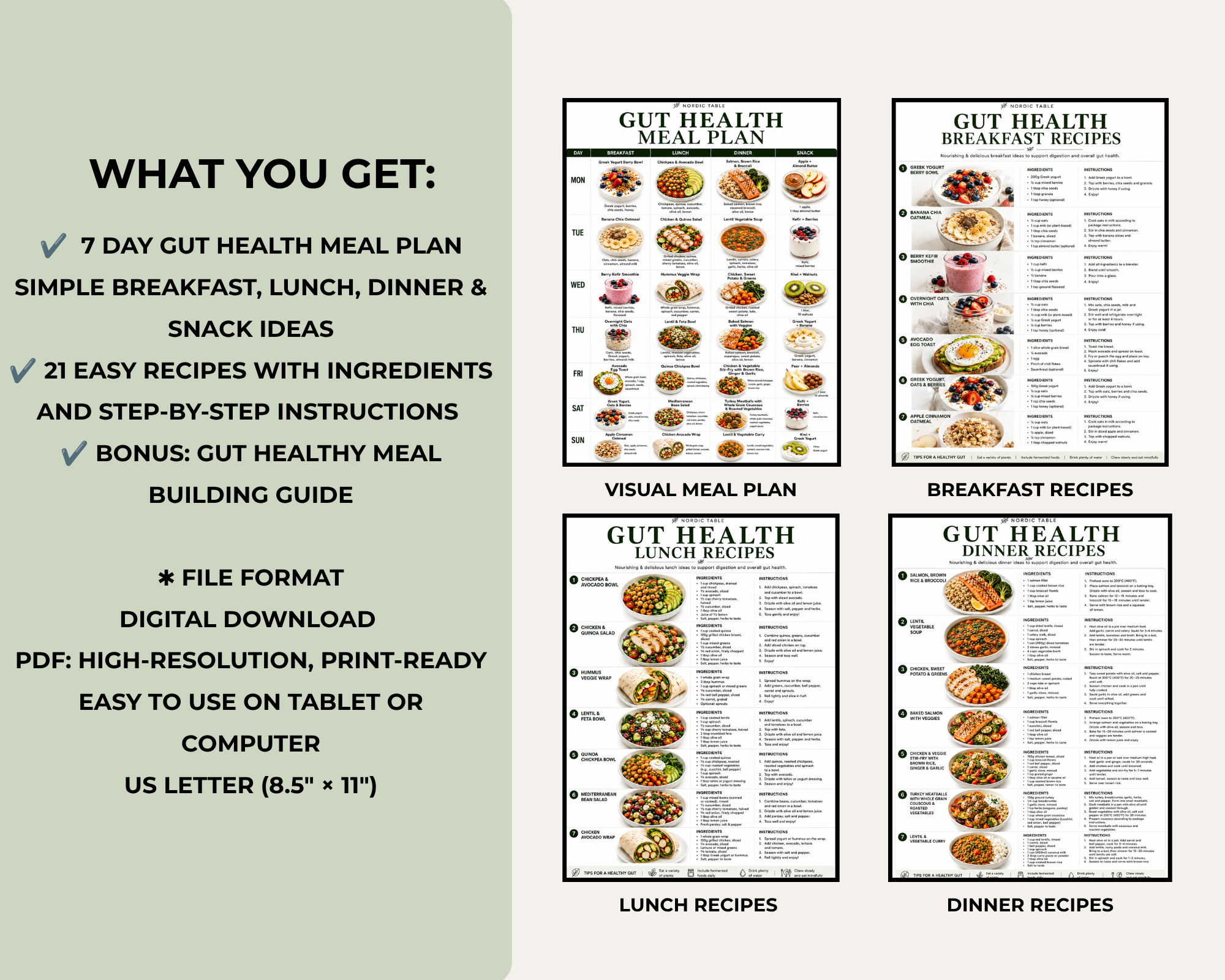 Gut Health Diet Plan, 7 Day Gut Health Meal Plan, 21 Easy Recipes, Gut Healthy Foods, Breakfast Lunch Dinner Recipes
