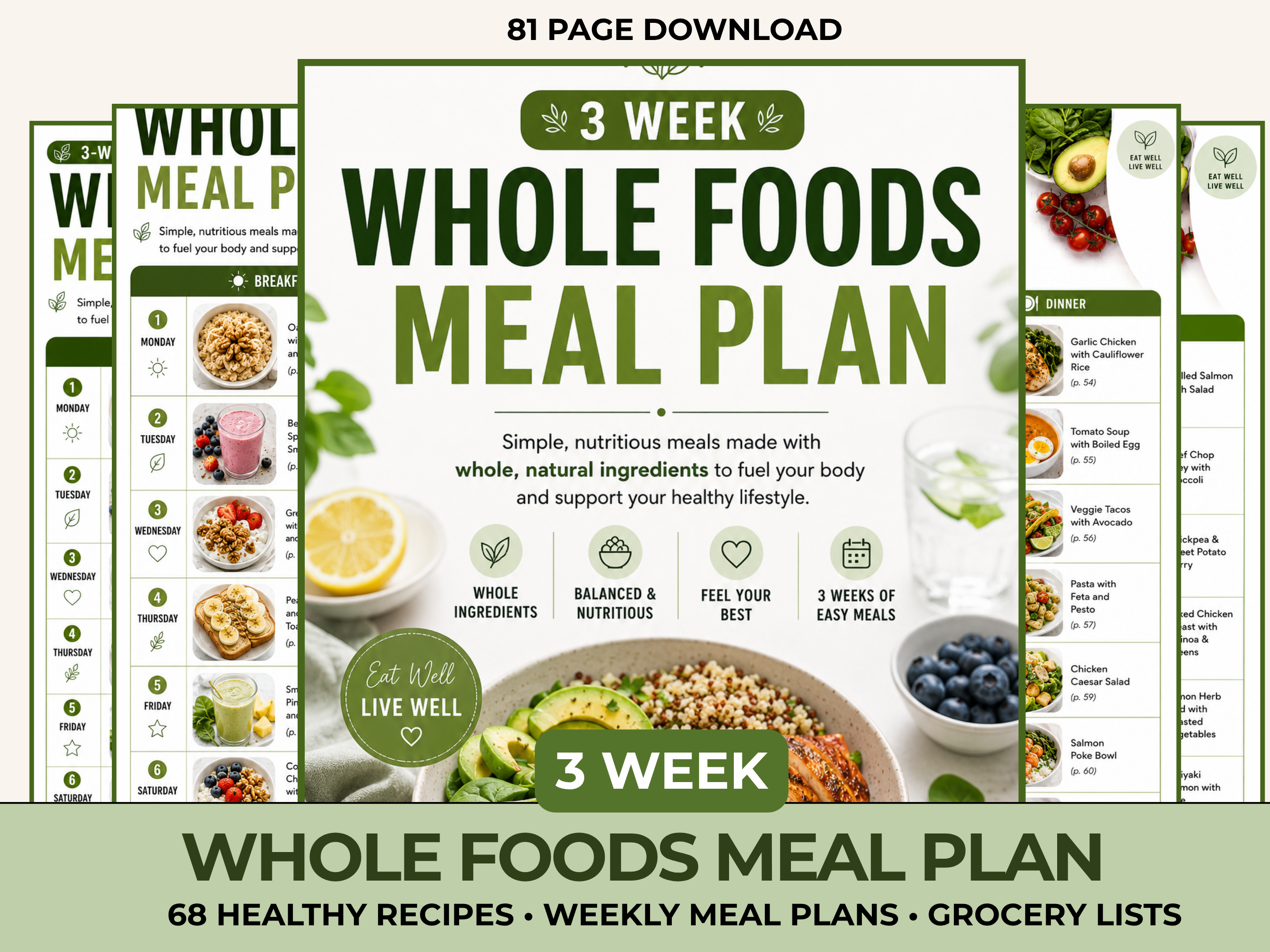 3 Week Whole Foods Meal Plan, 68 Healthy Recipes, Grocery Lists (PDF Download)